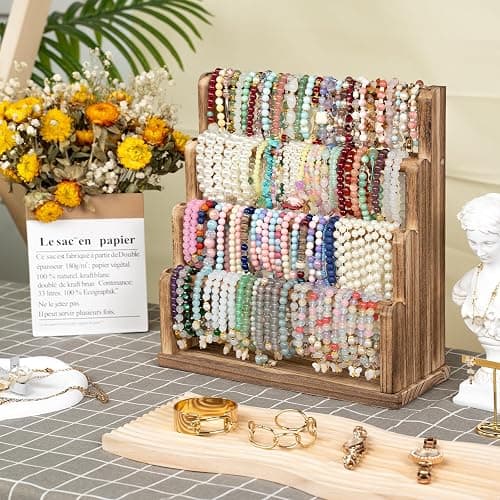 Emfogo Bracelet Holder, 4 Tier Bracelet Organizer Storage for Bracelets Bangles Watch Scrunchies, Rustic Wood Jewelry Organizer Display for Home, Vendors, Craft Shows and Store(Rustic Brown) thumbnail 2