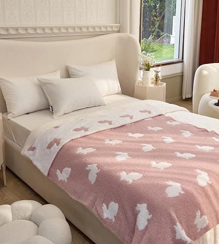 Happy Easter Rabbit Ultra-Soft Fluffy Microfiber Knitted Throw Blanket Super Cozy Lightweight Bed Blanket for Sofa Couch Bed Travel Pink 50"x60" - Rabbit Pink - Throw 51"X63" thumbnail 2