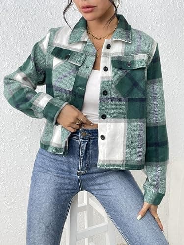 Zeagoo Flannels for Women Cropped Shacket Jacket Fashion Plaid Button Down Shirt 2026 Fall Coat Tops thumbnail 3