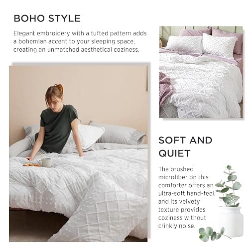 Bedsure Full Comforter Set - Ivory Comforter, Boho Tufted Shabby Chic Bedding for Kids, 3 Pieces Vintage Farmhouse Bed Set for All Seasons, Fluffy Soft Bedding with 2 Pillow Shams thumbnail 5