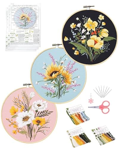 Santune 3 Pack Flower Embroidery Kit for Beginners Adults Cross Stitch Kits for Beginners Hand Embroidery with Plant Patterns and Instructions DIY Kits for Adults with Hoops,Threads and Needles - Image 1