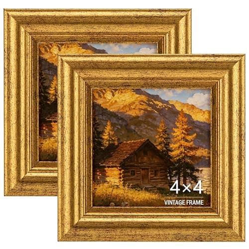 4x4 Picture Frame Set of 2, Vintage Gold Plastic Retro Farmhouse Style with Acrylic Front for Wall and Tabletop Display, Rustic Photo Gallery Decor for Home Office Desk Shelf Housewarming Wedding Gift - Image 1