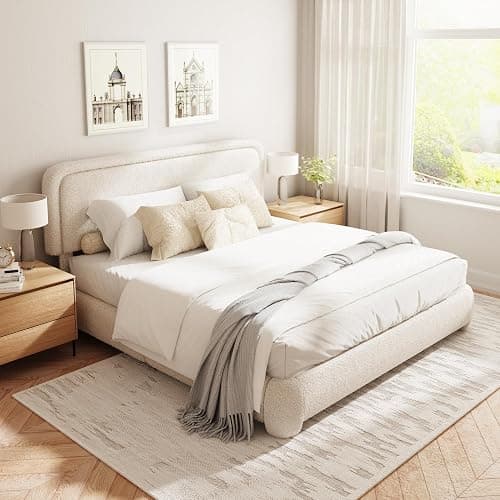 GLOLLOSPARK Queen Size Boucle Bed Frame, Upholstered Platform Bed with Height Adjustable Headboard & Soft Rounded Corners, Noise Free, Easy Assembly, No Box Spring Needed, Beige thumbnail 9