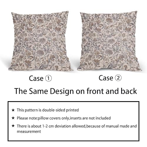Vintage Floral Pillow Covers 18x18 Inch Set of 2 Antique Flower Block Print Throw Pillow Covers Brown Neutral Traditional Square Cushion Case Decoration for Couch Home Decor thumbnail 6