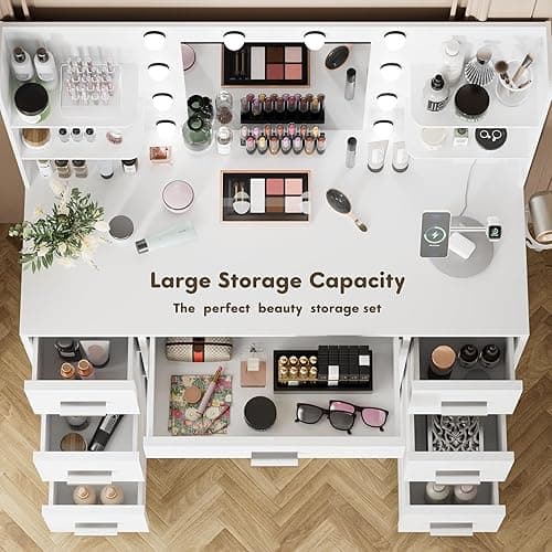 YESHOMY Vanity Desk with Mirror, Power Outlet and 10 Lights, Makeup Table with 7 Drawers, 3 Color Modes Available for Bedroom, Pure White thumbnail 5