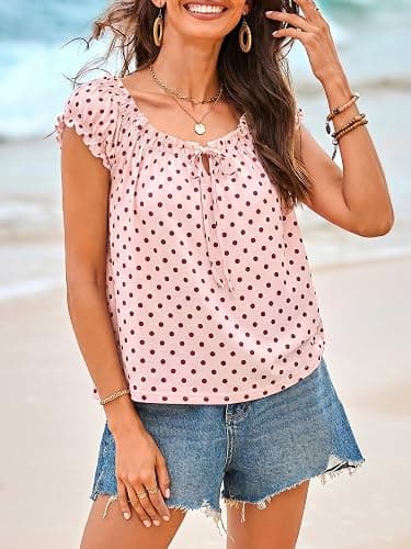 Tankaneo Women Summer Tie Front Tank Tops Cap Sleeve Pleated Babydoll Tops Casual Loose Fit Going Out Flowy Shirt thumbnail 5
