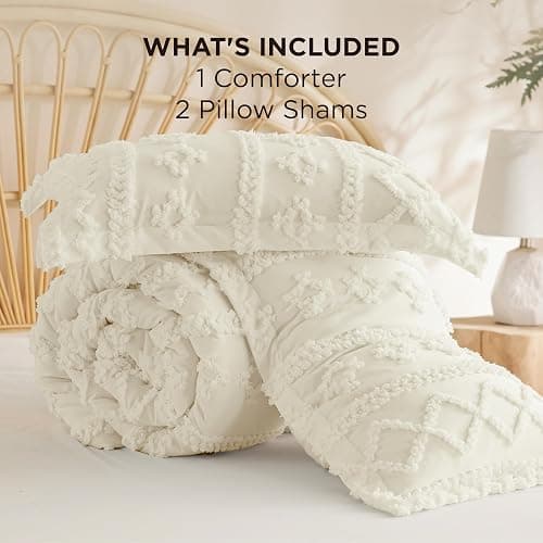 Bedsure Tufted Boho Comforter Set Queen Size - White Boho Bed Set, GentleSoft™ 3 Pieces Farmhouse-Style Embroidery Bedding, Gifts for Woman, Soft Jacquard Kids' Queen Comforter for All Seasons thumbnail 8