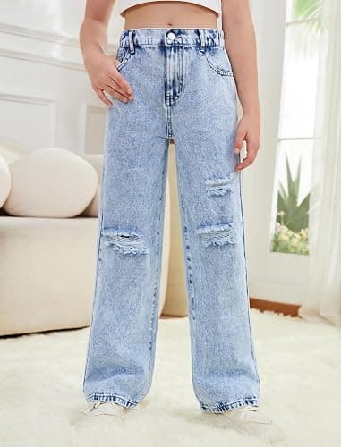 Feuoive Girls Baggy Jeans Wide Straight Leg Elastic High Waisted Denim Pants Fashion Y2k Boyfriend Skater Streetwear 7-14Y thumbnail 2