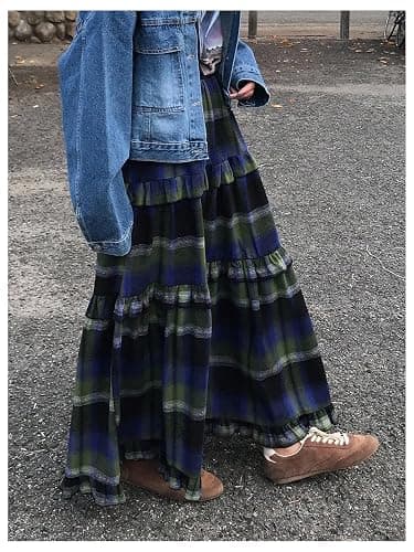SOLY HUX Women's Plaid Maxi Skirt Elastic High Wasited Tiered Ruffle A Line Flowy Long Skirts thumbnail 4