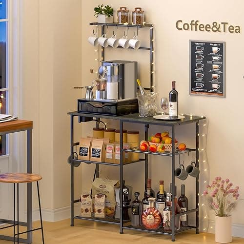 3IngSeagulls Bakers Rack with Power Outlet, Kitchen Microwave Stand with 10 S-shaped Hooks, 6-Tier Coffee Bar Station, Kitchen Storage Shelf Rack for Spices, Pots, Gray thumbnail 6