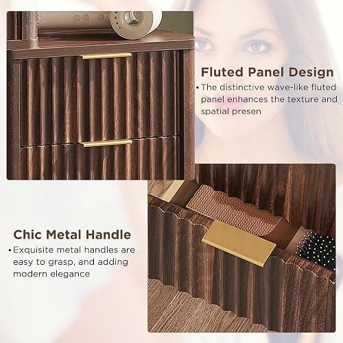 T4TREAM 48" Fluted Makeup Vanity Desk with 36" Lighted Mirror, Dark Walnut | Smart LED Mirror, Visible Glass Top, 5 Drawers & Adjustable Storage Shelves, Charging Station, Bedroom Makeup Storage thumbnail 6