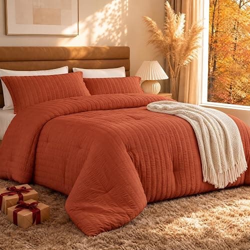 Quataly Queen Comforter Set Seersucker Lightweight Bed Set for All Season | 3PCS Burnt Orange Terracotta Bedding Set with 1 Elegant Comforter (90"x90") and 2 Soft Pillowcases (20"x30") - Image 1