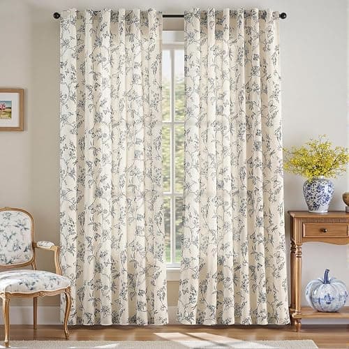 Lazzzy Blue Floral Curtains 84 Inch Length Linen Farmhouse Curtain Back Tab Drapes for Living Room Bedroom Light Filtering Vintage Rod Pocket Curtains, 2 Panels, Blue on Beige thumbnail 2