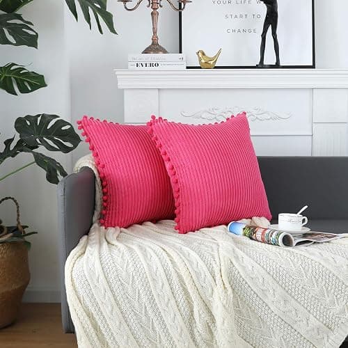 sykting Hot Pink Throw Pillow Covers 18x18 inch Soft Striped Boho Farmhouse Decorative Pillow Covers with Pom Poms for Couch Sofa Bed Chair Outdoor Pack of 2 thumbnail 5