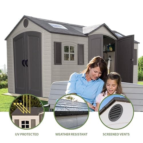 Lifetime 15×8 Ft Dual‑Entry Outdoor Storage Shed, Steel‑Reinforced, UV‑Protected, Weather‑Resistant Backyard Garden Shed with Skylights, Windows & Shelving, Desert Sand thumbnail 4