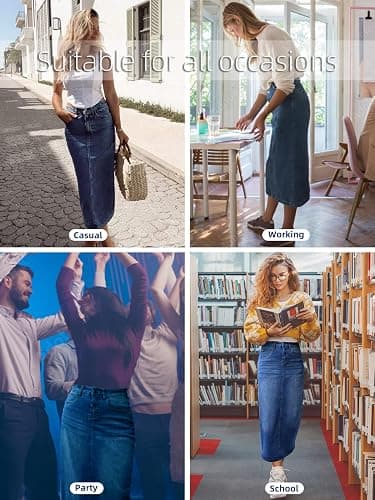 Long Denim Skirt for Women Casual A-Line Denim Maxi Skirt Stretch High Waisted Jean Skirt with Pocket Blue thumbnail 5