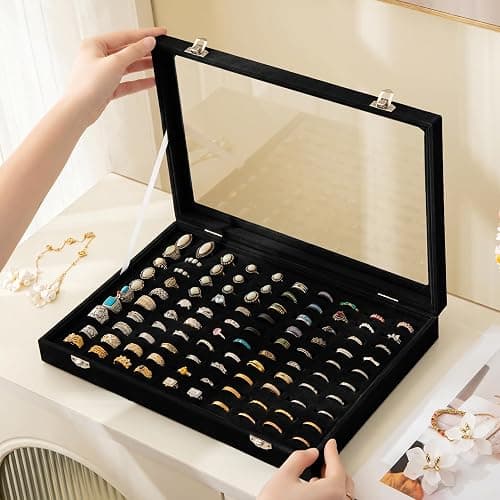 Frebeauty Ring Organizer Tray 100 Slots Ring Holder with Clear Lid Velvet Storage Box Jewelry Tray for Jewelry Store Earring Display Case for Jewelry Show Studs Box for Women(Black) thumbnail 2