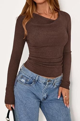 PRETTYGARDEN Women Cowl Neck Knit Fall Ruched Crop Tops | Fall Long Sleeve Going Out Shirts,Winter Ribbed Slim Fit Basic T-Shirts,Casual Spring Fitted Y2K Top,Business Casual Outfits thumbnail 4