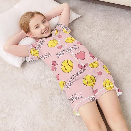 JULYTO Satin Pajama Sets Short Sleeve Volleyball Balls with Blue Bows Button Down Silky Nightwear 2 Piece PJS 5-14Y thumbnail 7