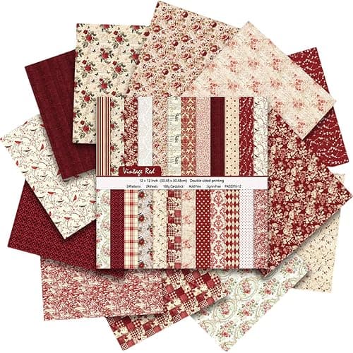 Vintage Red Scrapbook Paper, 12x12 Paper Pad, 24 Sheets/ 12 Designs Flower Garden Pattern Paper Vintage Rose Scrapbook Specialty Paper Double Sided Floral Decorative Craft Paper - Image 1