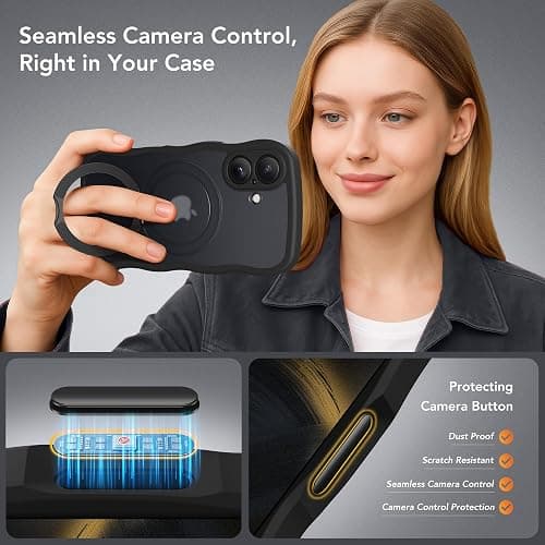 GolbinBox for iPhone 16 Case, [Compatible with Magsafe][360° Spin Magnetic Stand][Military-Grade Protection][Camera Control][Cute Wave Edge] Translucent Matte Women Phone Cover for iPhone 16, Black thumbnail 5