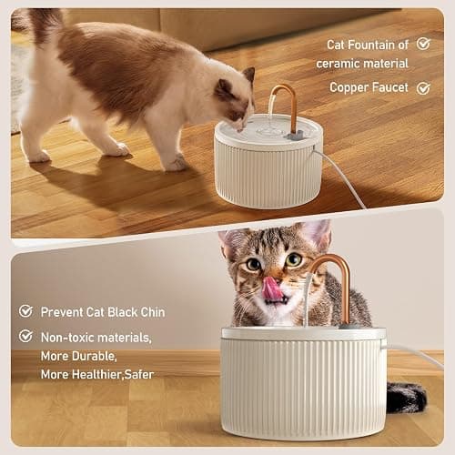 DOOOB Ceramic Cat Water Fountain, 2.1L/71oz Ceramic Cat Fountains, Automatic Pet Water Fountain for Cats, Pet Water Fountain with Ultra-Quiet Pump and 3 Filters & 3 Sponges (Beige) thumbnail 4