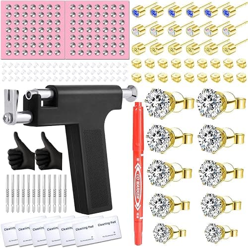 Zygc Professional Ear Piercing Kit with 63 Pairs of Cubic Zirconia Diamond Ear Stud Earrings with Multi Purpose Black Reusable Ear Piercing Gun Silver Sticks for Salon & Home Piercings Gold - Image 1