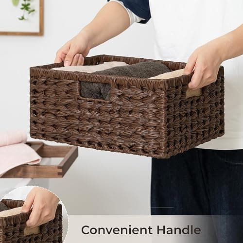 GRANNY SAYS Wicker Storage Baskets for Shelves, Plastic Brown Basket,1-Pack | Waterproof Wicker Baskets for Organizing, Woven Baskets for Shelves, Decorative Basket for Pantry, Brown Basket for Storage thumbnail 6