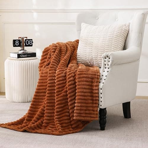 Burnt Orange Fleece Throw Blanket 50”×60” for Couch Sofa Livingroom | Linecooo Super Soft Cozy Plush Microfiber Flannel Bed Blanket Striped Design Lightweight Home Decor Gifts for Adult Mom Women thumbnail 2