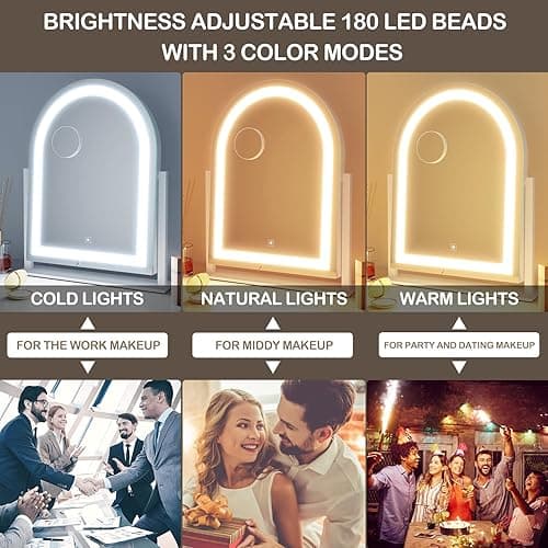 Gvnkvn Lighted Makeup Mirror, Hollywood Vanity Mirror with Lights, Three Color Lighting Modes, LED Mirror, Smart Touch Control, 360°Rotation (15.2in. Curved) thumbnail 4