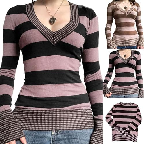 FeMereina Women's Y2K Striped Long Sleeve Crop Tops V-Neck Knitted Pulolver Vintage Aesthetic T-Shirts Fairy Grunge Slim Fitted Teen Girls Blouses thumbnail 4
