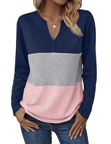 Zeagoo Women's Waffle Shirts V Neck Long Sleeve Tops Color Block T-Shirts Casual Pullover Tunics 2025 Fashion Basic Tees - Image 1