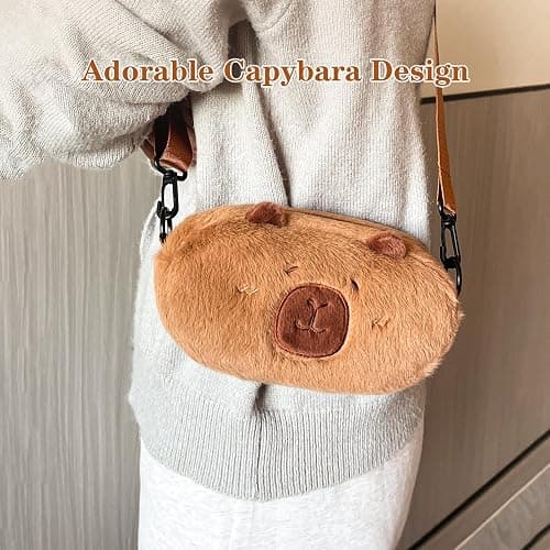 Capybara Crossbody Bag Cute Plush Phone Bag,Small Fluffy Zipper Pouch with Fluffy Adjustable shoulder strap Gifts for Kids Womens thumbnail 2