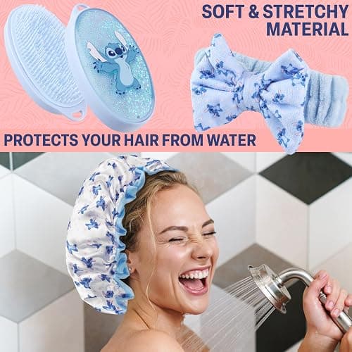 Get Trend Disney Stitch Shower Accessories Set and Clear Toiletry Bag for Girls, Teens, Women with Shower Cap Headband Bath Sponge for Bath Spa Gifts (Blue Stitch) thumbnail 3
