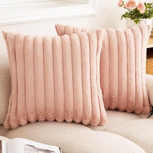 BAOLIZEGAO Double-Sided Faux Fur Plush Throw Pillow Covers 18x18 Set of 2 Fuzzy Striped Soft Cozy Pillowcase Luxury Decorative Pillows Square Shaggy Cushion Covers for Couch Sofa Bed,Pink - Image 1