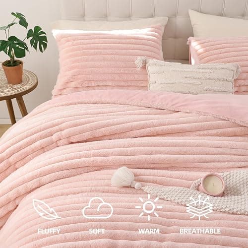 Smoofy Fluffy Full Size Comforter Sets 3 Pieces - Blush Pink Fleece Fluffy Comforter Set, Luxury Fuzzy Full Bed Set, Soft Comforter Full Size All Season, Heavy Faux Fur Comforter with 2 Pillow Cases thumbnail 2