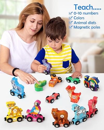 Vanmor Wooden Train Set for Toddlers, Magnetic Animal Number Train Toys for Ages3-5, Toddler Learning Toys, Fine Motor Skills Educational Toys, Preschool Activities, Toddler Boy Girl Gifts thumbnail 6
