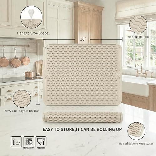 MicoYang Silicone Dish Drying Mat — Quick-Dry Ridges Counter & Sink Pad, Heat-Resistant Trivet to 450°F, Non-Slip & Dishwasher Safe, Roll-Up Storage, 18 Colors & 9 Sizes (Tapioca, 16"×12") thumbnail 3