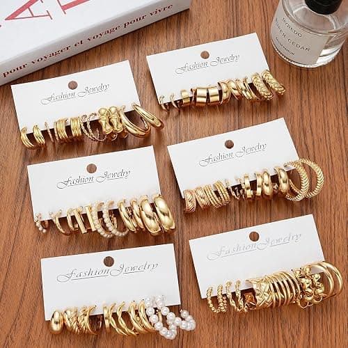 36 Pairs Gold Hoop Earrings Set for Women, Fashion Chunky Gold Hoop Earrings Multipack, Hypoallergenic Pearl Chain Twisted Statement Earring Pack for Birthday Party Jewelry thumbnail 6