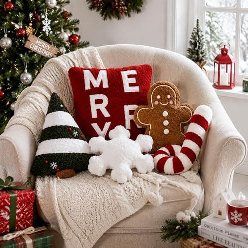 Geelin 5 Pcs Christmas Throw Pillows Gingerbread Christmas Tree Pillows Snowflake Candy Canes Shape Pillows Stuffed Plush Merry Christmas Decorations for Bed Home Sofa Couch Party thumbnail 5
