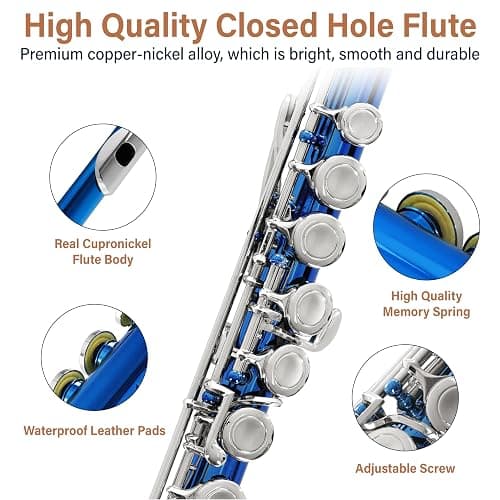 Mendini By Cecilio Flute, 16 Keys Closed Hole C Flute Instrument For Beginners with Carrying Case, Cork Grease, Stand, Lesson Book, Cleaning Kit, Gloves (Blue) thumbnail 2
