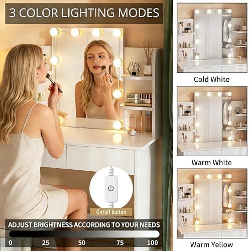 Cemoxul White Vanity Desk with Mirror and Adjustable Hollywood Lights, Makeup Vanity Desk with Lights 3 Color Modes, 2 Drawers & 4 Storage Shelves, Compact Dressing Table for Small Space thumbnail 3