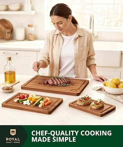 ROYAL CRAFT WOOD Wooden Cutting Boards for Kitchen Meal Prep & Serving - Bamboo Wood Serving Board Set with Deep Juice Groove Side Handles - Charcuterie & Chopping Butcher Block for Meat (3 Pcs) thumbnail 3