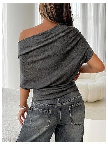 SHENHE Women's Off The Shoulder Sweater Short Sleeve Loose Fit Dressy Bat Wing Sweater Pullover thumbnail 2