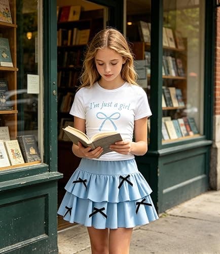 FJLSJSW Teenage Girls Skirt Set 2 Piece Short Sleeve Top Shirred Tiered Skirt Outfit Skirt for Teen Girls 7-13 Years thumbnail 6