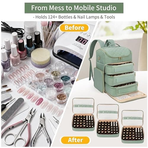 Extra Large Nail Polish Organizer Backpack, Holds 124+ Bottles & Full Size Lamp, Travel Nail Organizers and Storage Bag with 3 Removable Pouches, Portable Nail Supplies Case (Rhombus Green, 124 Slots) thumbnail 5