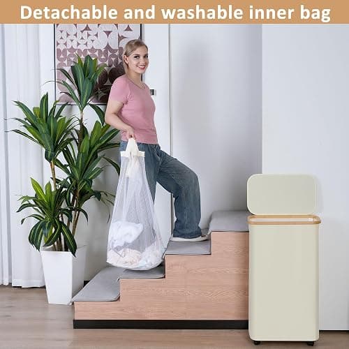 iEGrow 73L Laundry Basket with Wheels,Clothes Hamper for Laundry,Laundry Hamper with Lid and Inner Bag, for Laundry Room, Bedroom, Dormitory Storage,Pink thumbnail 5