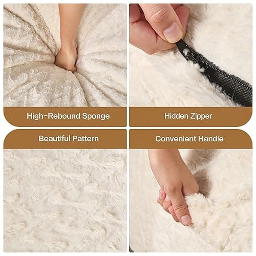 Hobestluk 3ft Bean Bag Chairs for Adults Large Beanbag Chair with Chevron Plush Fur Cover Big Bean Bag Chair for Living Room Bedroom Dorm Office - White (36” x 36” x 22”) thumbnail 5