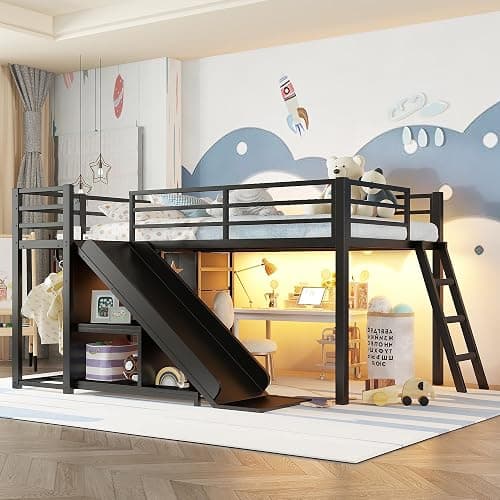 Bellemave Twin Size Loft Bed with 7 Non-Woven Fabric Drawers, Shelves and Wardrobe, Twin Loft Bed with Detachable Slide and Ladders, Low Profile Loft Beds with Lights, Noise Reduced Design Black thumbnail 3