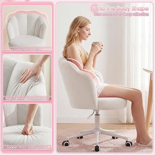 Homkdom Desk Chair with Wheels & Petal Back | Height Adjustable, 360 Swivel, Armless Design, Stylish and Comfortable for Home Office, Study Room - White thumbnail 4